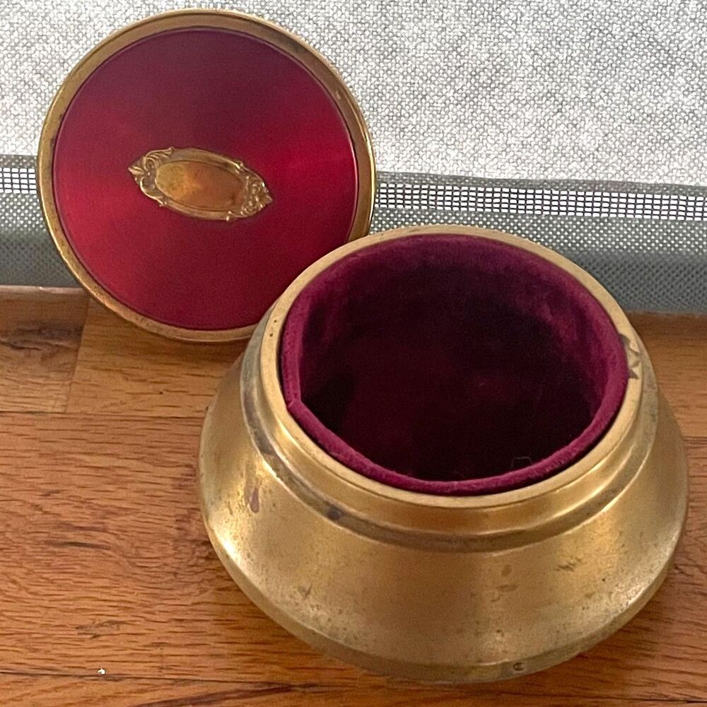 Vintage Brass Jewelry Trinket Box Red Enamel Lid Velvet Lined Round 5"